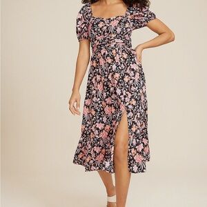 Cottagecore Floral Midi Dress Sweetheart Puff Sleeve Front Slit Ruched Bodice XS